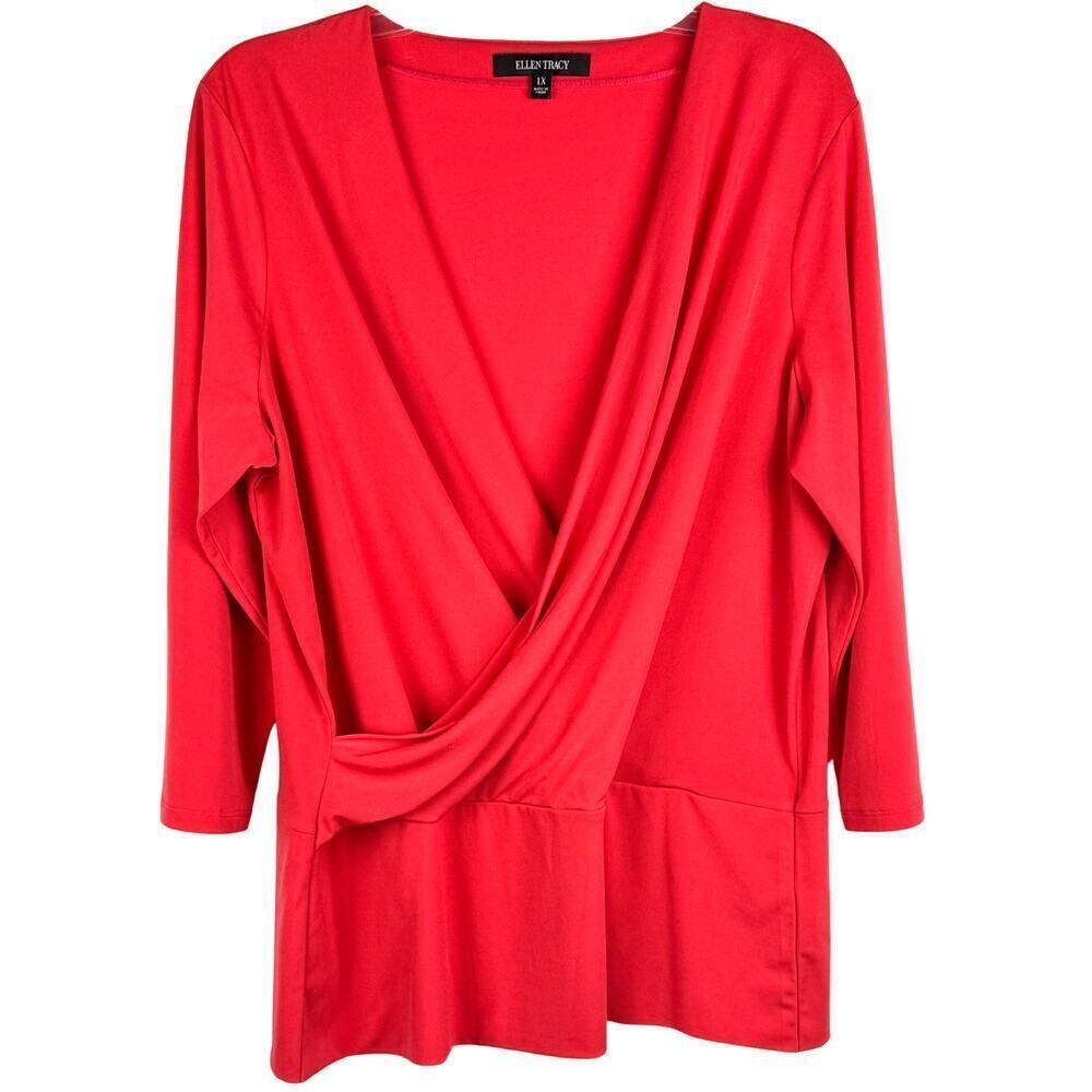 Ellen Tracy Blouse Womens Size 1X Coral Orange Crossover‎ 3/4 Sleeves V Neck Top